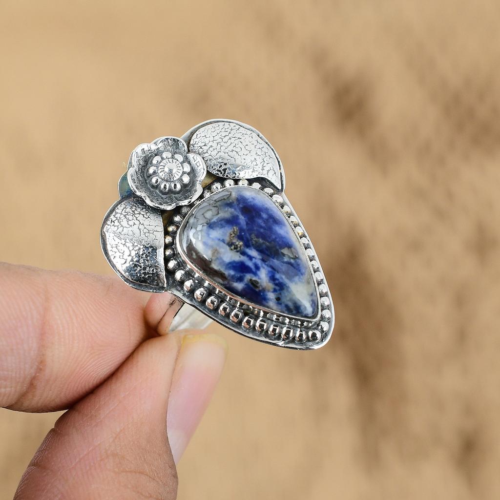 Mothers day Deal 925 Sterling Silver Pear Sodalite Gemstone Flower Ring Jewelry