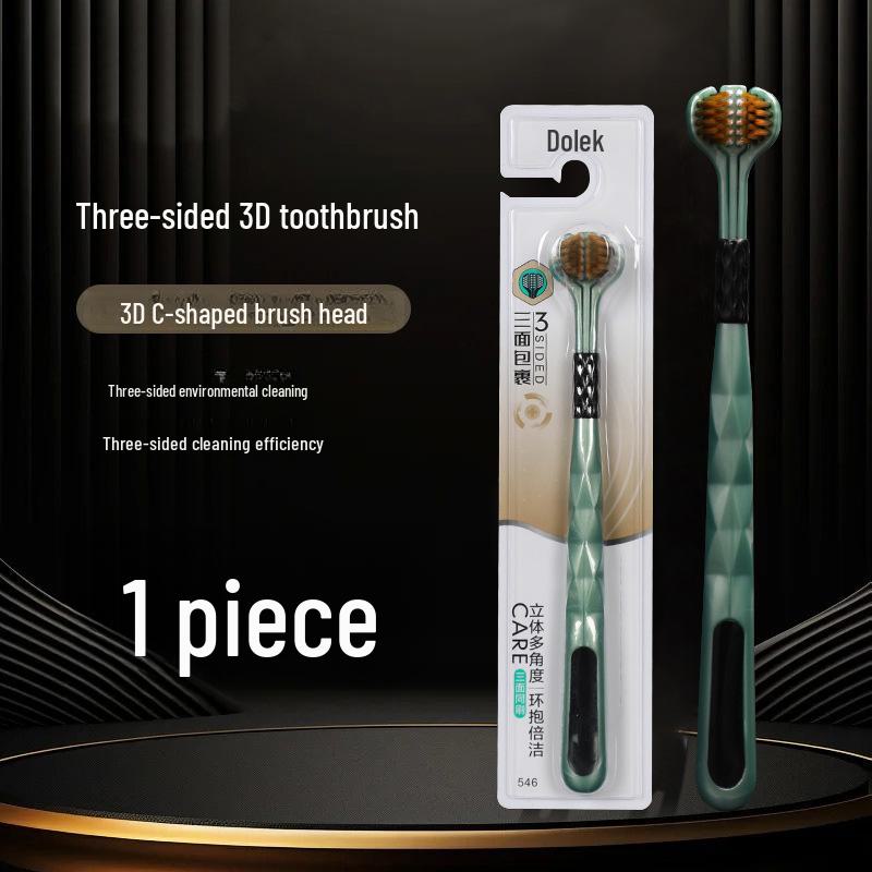Three-Sided Adult Toothbrush with Soft Bristles and Tongue Scraper for Men and Women