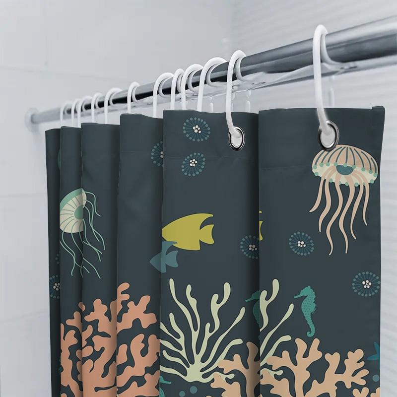 Modern Bath Shower Curtain With Marine Life Printjellyfish, Sea Urchins, Seashells Coral Waterproof Fabric For Home Decor In Nav
