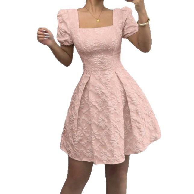 Spring and summer European and American temperament elegant bubble sleeves show height A square neck dress women's clothing