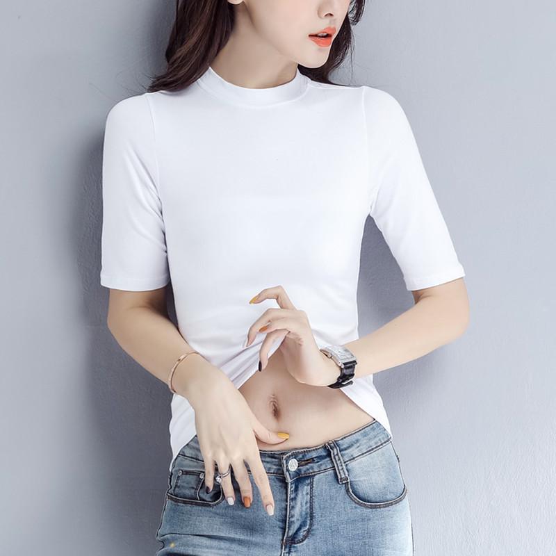 Women's Slimming Fitted T-Shirt: Round, V-Neck, or Mock Neck; Short or Three-Quarter Sleeves; Semi-High Neck Basic Top.