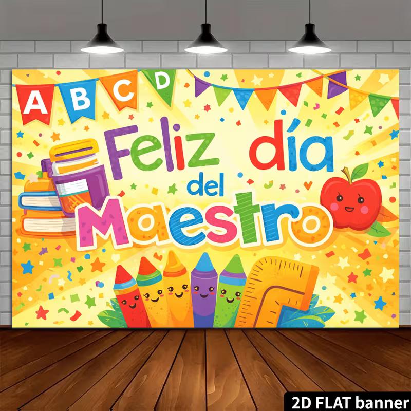 2D Colorful School Supplies Backdrop with ABC Banners and Smiling Crayons