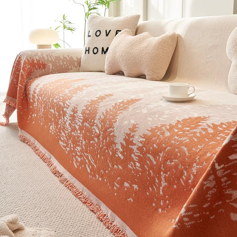 Small Forest Printed Sofa Towel with Tassels Soft Chenille Anti-Wear Couch Slipcover Multi Purpose Knee Blanket for All Seasons