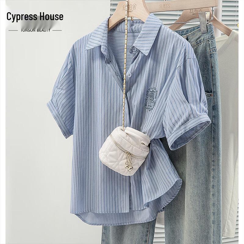 

Women s Embroidered Striped Short-Sleeve Loose Shirt L