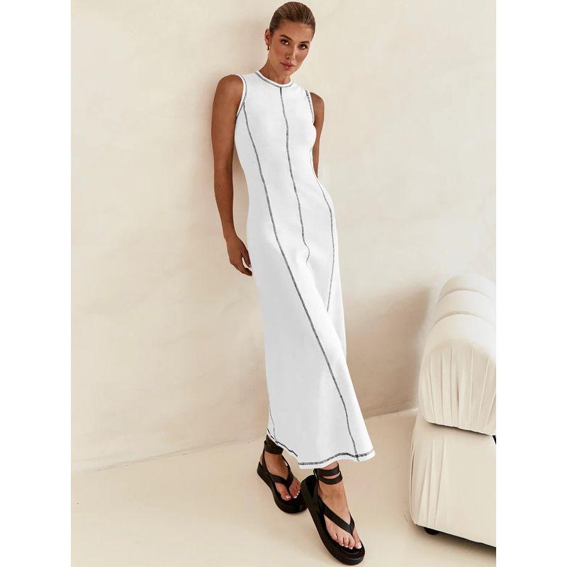 

Lined Waistband Dress Fashion Women s New Elegant Line Contrast Color Cinched Sleeveless Dress EQWZ002# White + black line M