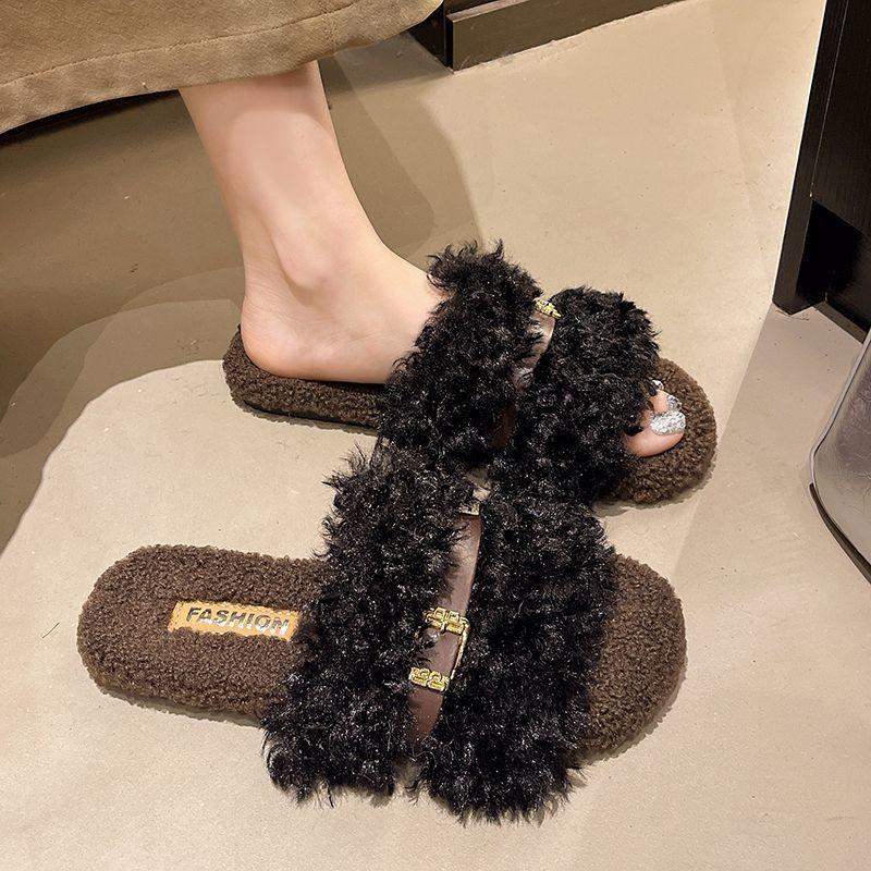 Versatile Flat-bottomed Mao Mao Slippers Women's Outer Wear 2025 Autumn New Korean Version Mao Mao Drag Women's Shoes Plush Black Fashion