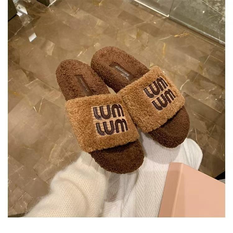 Wool version thick-soled letters fleece thermal slippers women's autumn and winter color matching word casual thick-soled fluffy shoes winter wear