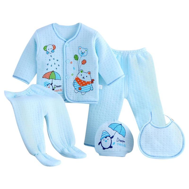 HeavyRain 5PCS Newborn Baby Boy Girl Cartoon Long Sleeve Tops+Hat+Pants +Bib Outfits Set