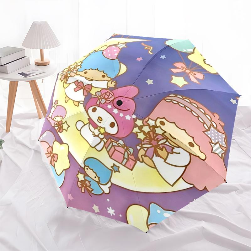 

1pc My Melody & Little Twin Stars Festival Gift Umbrella - Automatic Opening/Closing, Portable 3-Fold Design, 8-Rib Iron Frame Outdoor Umbrella for Fa