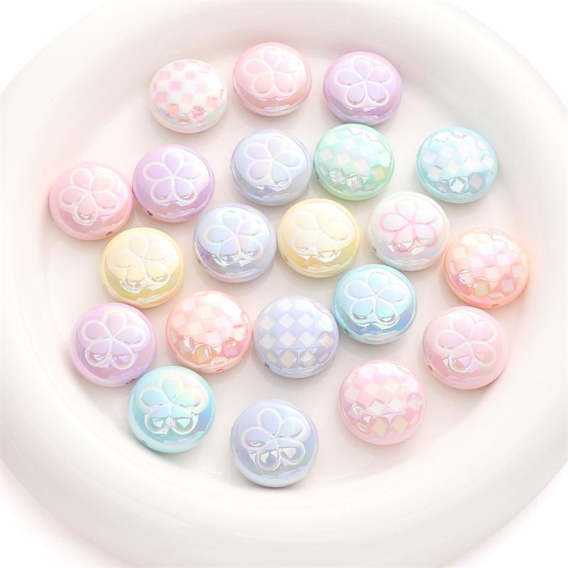 2pcs [25mm] Flat Round Acrylic Beads Plaid Flower Flat Beads For Jewelry Making DIY Pendant Keychain Crafts Findings