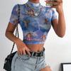 Sexy Lady Summer Cupid Print Mesh See Through Crop Top Slim Short Sleeve T-shirt