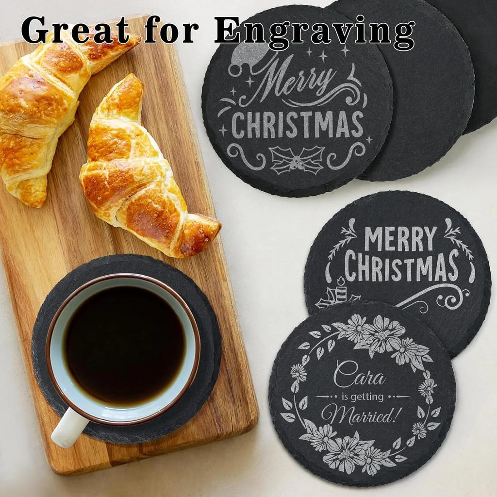 8pcs Slate Coasters Bulk - 4 Inch Square Round and Hexagon Handmade Black Stone Blanks for Laser Engraving and Home Decor