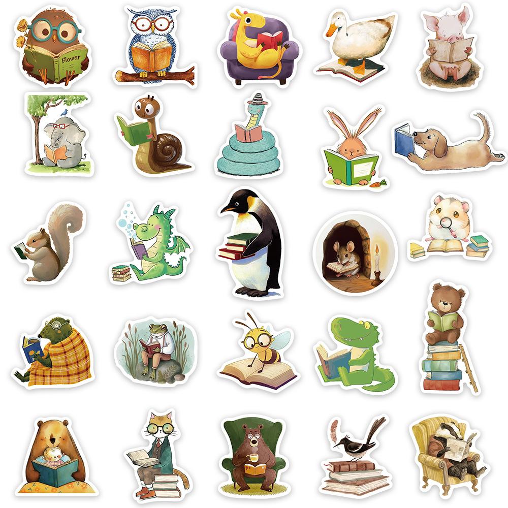 50PCS Waterproof Cartoon Animal Reading Stickers for Kids - Graffiti Decals for Laptops Motorcycles Stationery Toy Decoration
