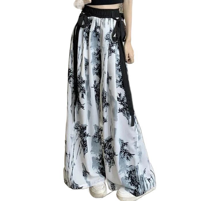 Women's High-Waist Wide-Leg Ink Wash Print Summer Trousers