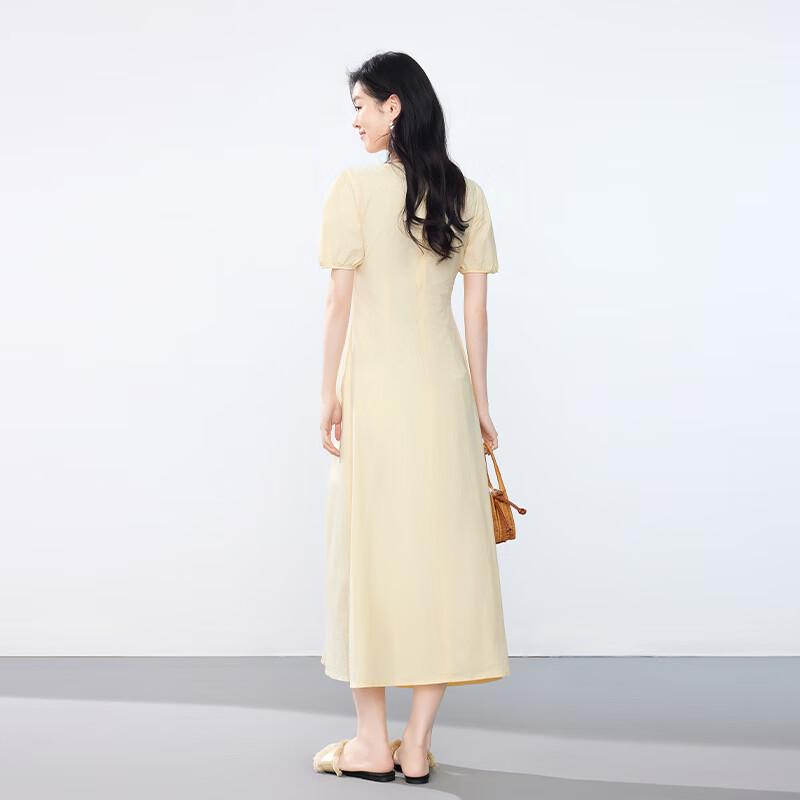 JOY SPEAKER Women's 2025 Summer Round Neck Pleated Waist Midi Dress