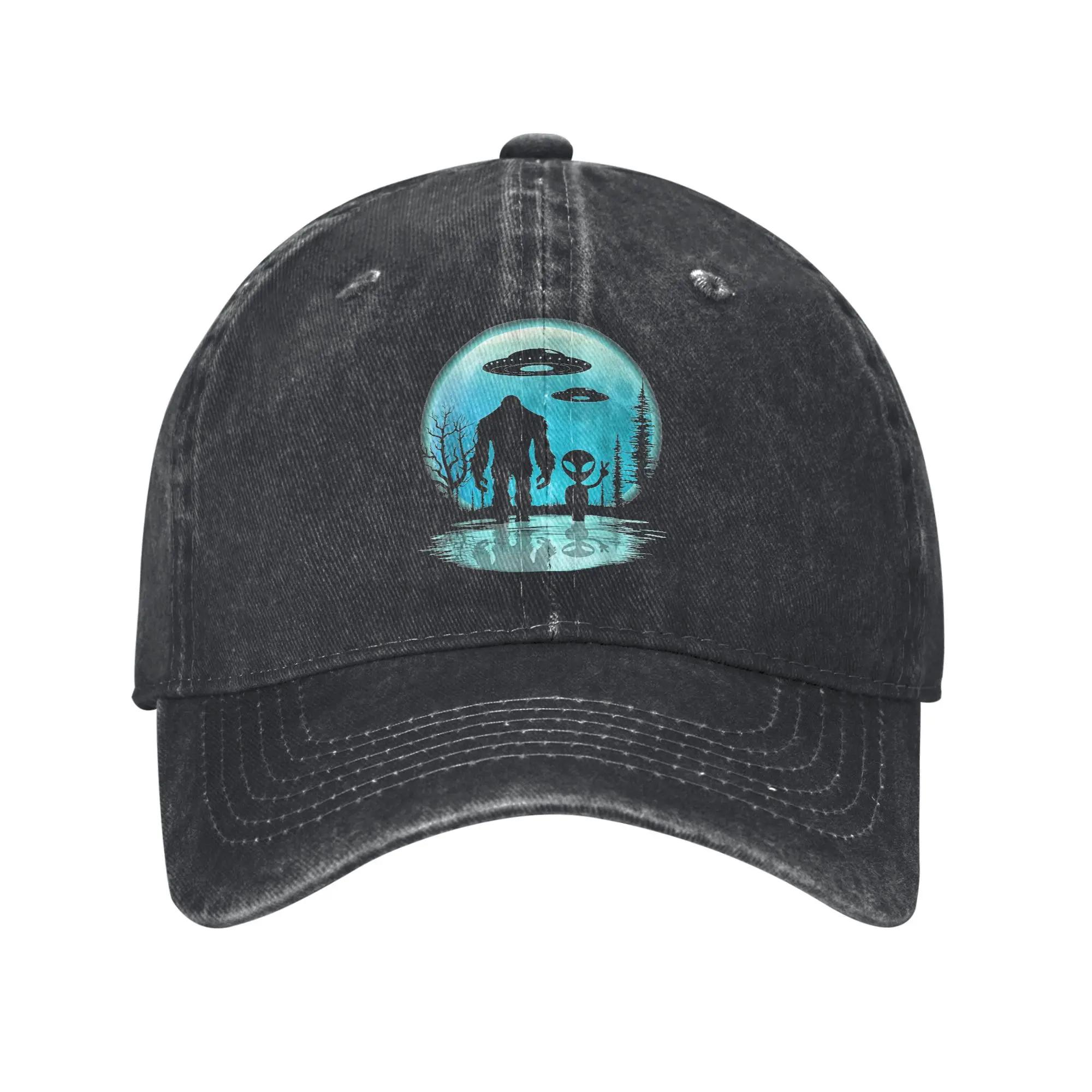 

Alien And Bigfoot Baseball Cap Sun Hunting Camping Hot Sale Washed Trucker Hat Female Male Fashion Design Snapback Cap One Size