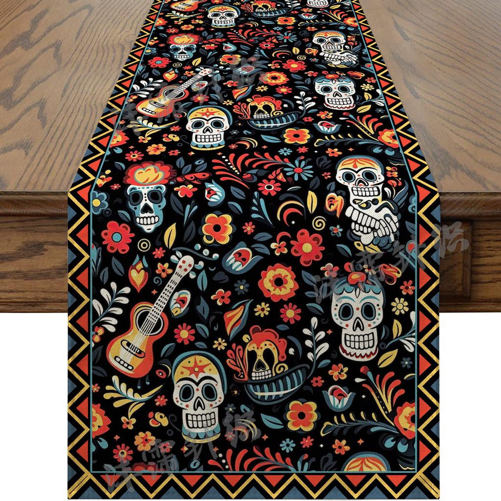 Halloween Table Runner Faux Linen Long Strip Day of the Dead Christmas Holiday Dining Decor