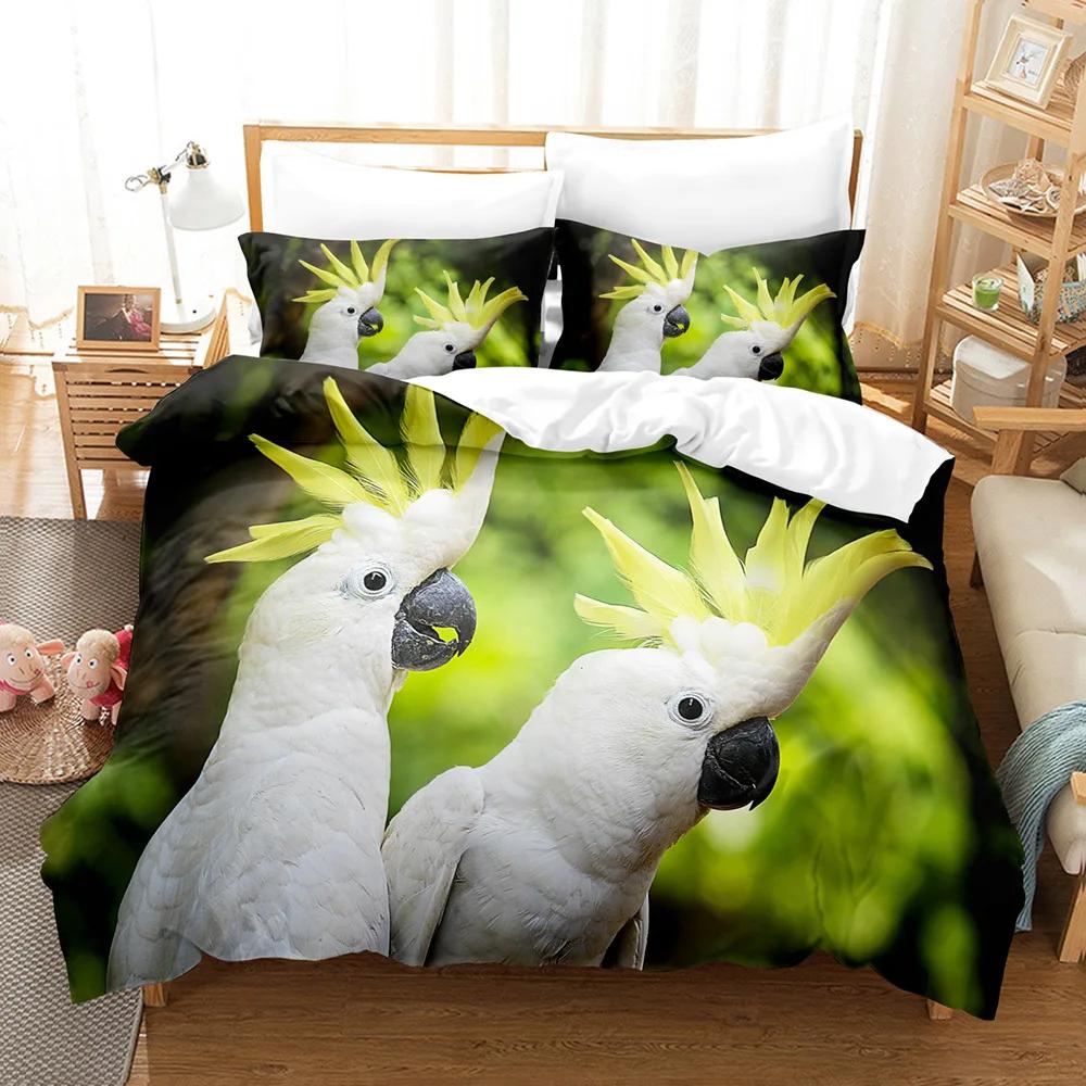 Macaw Bedding Set King/Queen Size Colourful Parrot Duvet Cover Boys Natural Tropical Green Plant Bird Polyester Quilt Cover