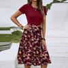 Women's Fashionable Retro Patterned Printing Color Blocked Belt Casual Dress