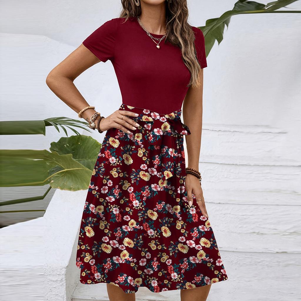 Women's Fashionable Retro Patterned Printing Color Blocked Belt Casual Dress