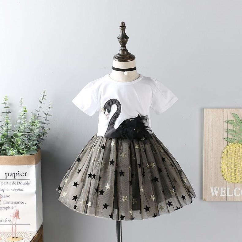 Girls' Suit Top Children's Short Sleeved Mesh Skirt T-shirt Dress Summer Clothes Two-piece Set