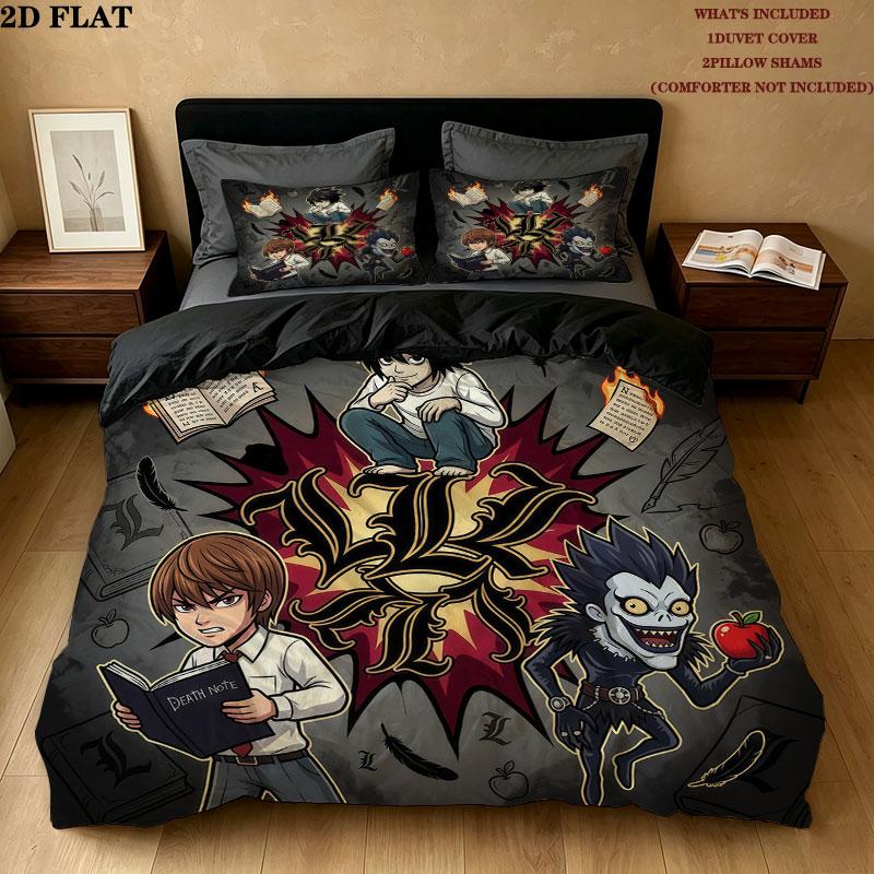 סט מצעים עם דוגמת Death Note, שמיכה, כיסוי שמיכה, ציפית לכרית, מתנת יום הולדת לבית(1 * כיסוי שמיכה + 2 * ציפות, ללא ליבה)