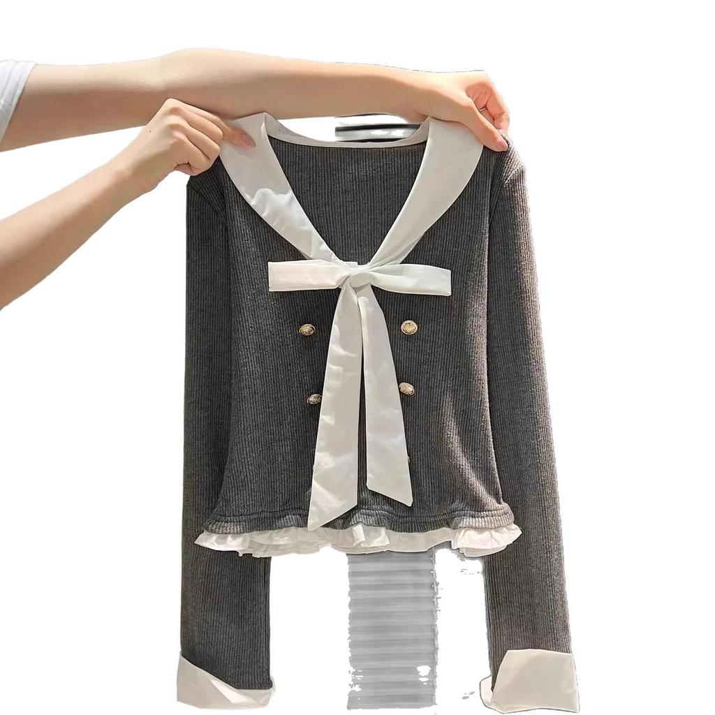 Zweiteiliges College-Stil Faux Longsleeve Oberteil mit Schleife für Damen – Slim Fit, Herbstmode Oberbekleidung