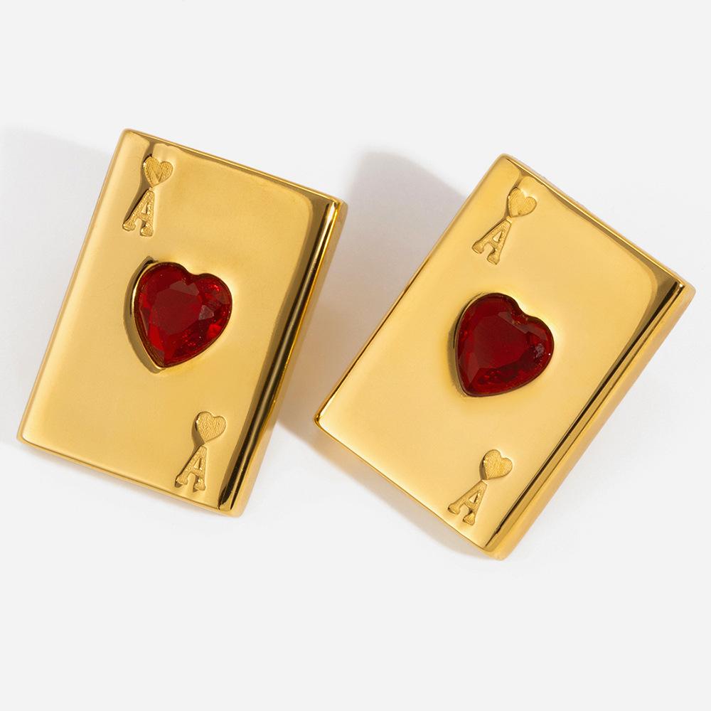 Minimalistischer 18K-Goldschmuck mit Liebes-Rot-Zirkonia-Spielkarten-Ohrringen
