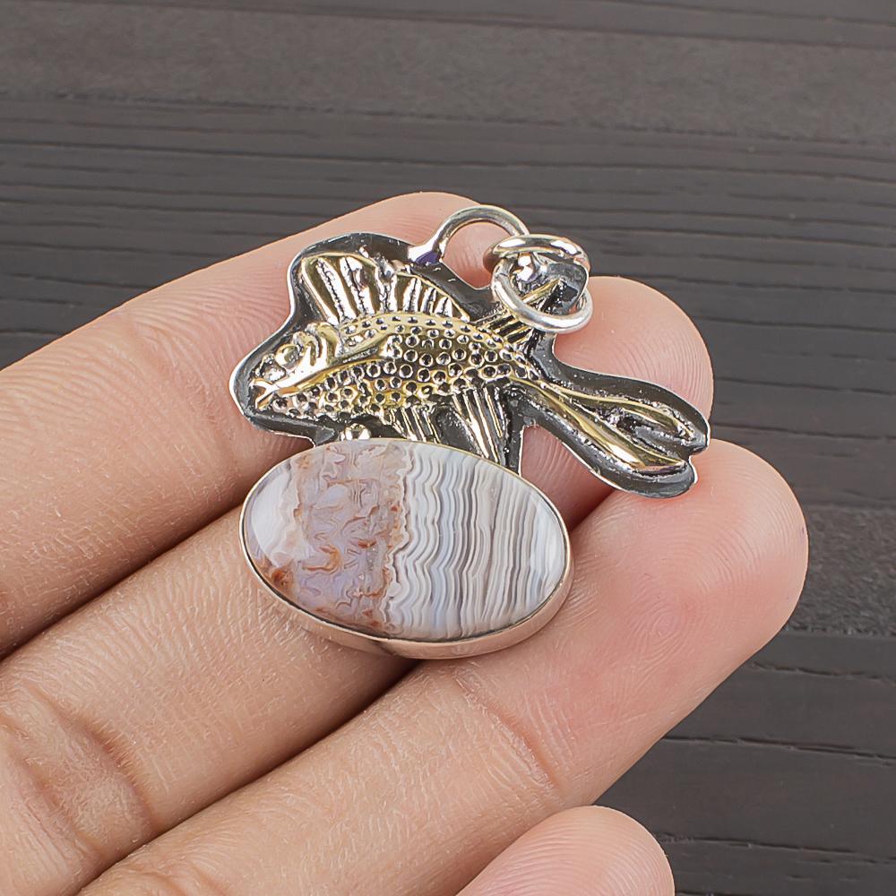 Natural Crazy Lace Agate Gemstone 925 Sterling Silver Jewelry  Pendant 1.24  AJP-2260