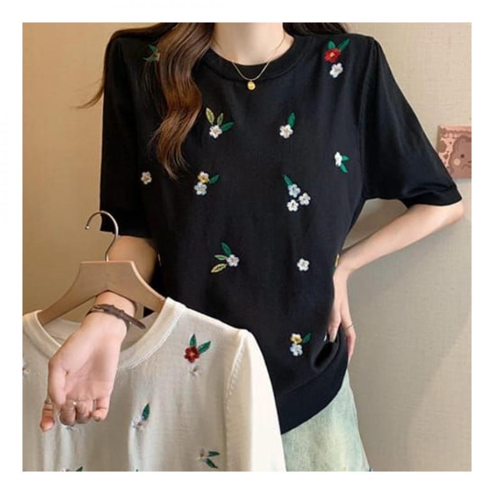 Navava Short Sleeve Knit Flower Embroidery Round Neck Nk2211
