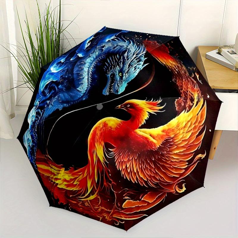 1pc Blue Dragon and Red Phoenix Automatic Opening and Closing Umbrella - Lightweight 3-Fold Design, Suitable for Fans, Travel, Daily Use, Interes