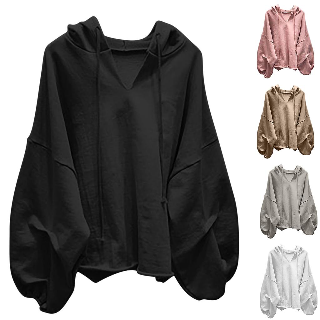 Women's Fashion Casual Solid Color V-Neck Hooded  Loose Long Sleeve Sweatshirt