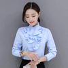 Spring Autumn New Stand Collar Ruffle Long Sleeve Blouse Women's Korean Professional Bottoming Shirt Solid Color Chiffon Shirt