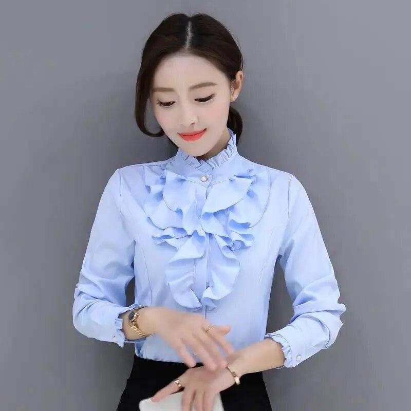 Spring Autumn New Stand Collar Ruffle Long Sleeve Blouse Women's Korean Professional Bottoming Shirt Solid Color Chiffon Shirt