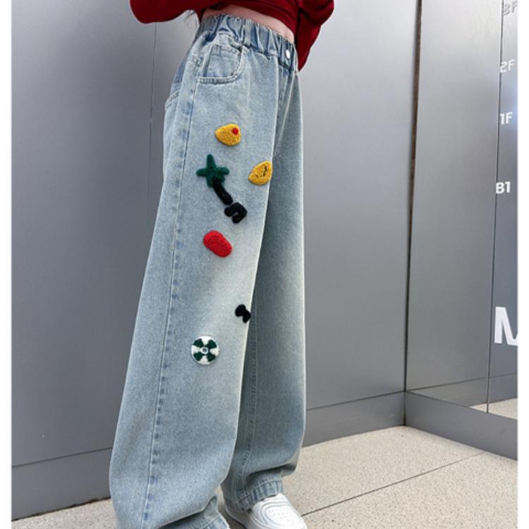 Dívčí džínové jarní a podzimní kovbojské kalhoty s širokými nohavicemi dětské dívčí podzimní kalhoty volné kalhoty