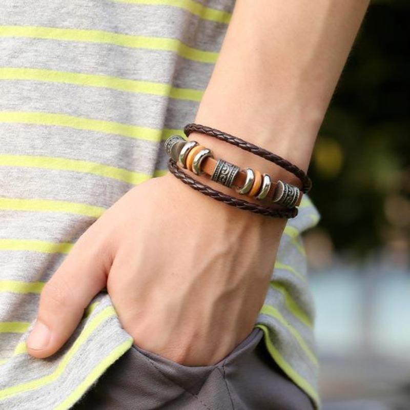 Hand-Beaded Multi-Layer Leather Bracelet European And American And Popular Men'S Bracelet Jewelry