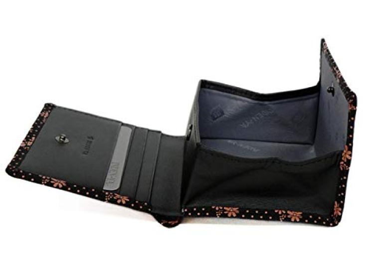Indenya Inden Bifold Wallet with H-shaped Bill Compartment and Box-Shaped Coin Purse, Deerskin Leather, Black with Pink Lacquer, Cosmos Pattern,