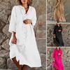 Women Button Down Tunic Dress Casual 3/4 Sleeve Crew Neck Midi Dress Summer Beach Vacation T-shirt Dress