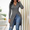 Women Spring Fall Top Zipper V Neck Long Sleeve High Split Hem Mid Length Elastic Lace Up Waist Strap Solid Color Lady Long Blouse