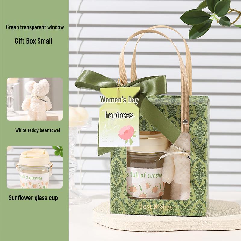 Women s Day Green Gift Set with Glass Cup & Bear Towel