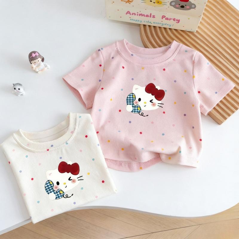Girls Summer Short Sleeve T Shirt Cute Cartoon Polka Dot Print Breathable Casual Trendy Top