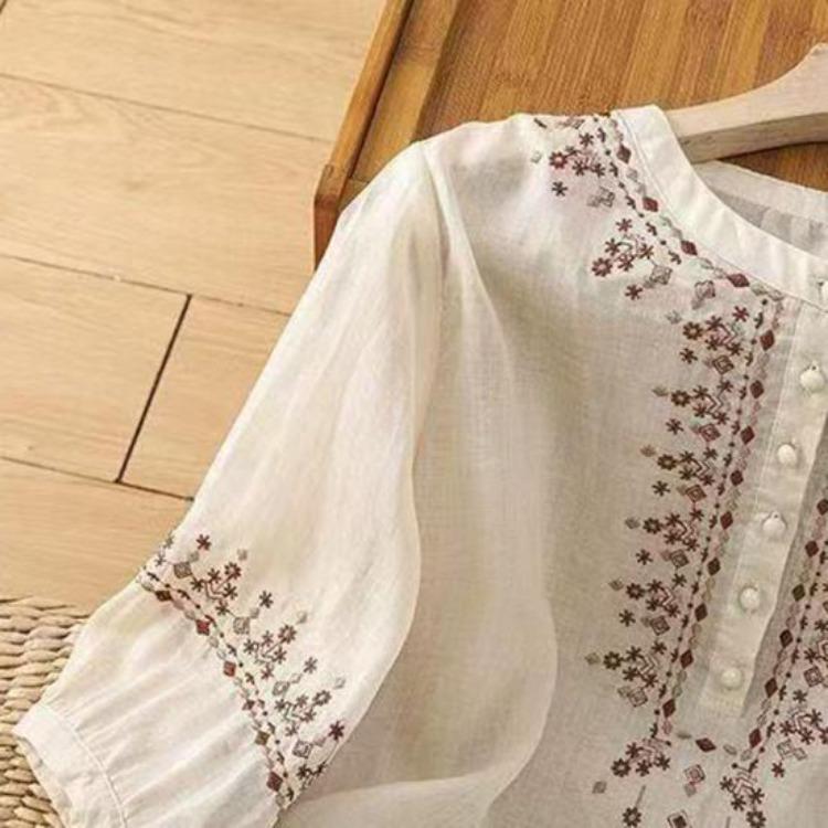 Embroidery Flower Pattern Women Shirt Retro Style Round Neck Pullover Tops 3 4 Sleeve Summer Casual Blouse