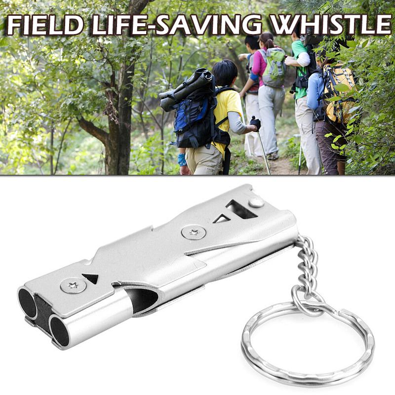 

PDTO Двухтрубный свисток из нержавеющей стали для выживания, звуковой сигнал с брелоком на открытом воздухе