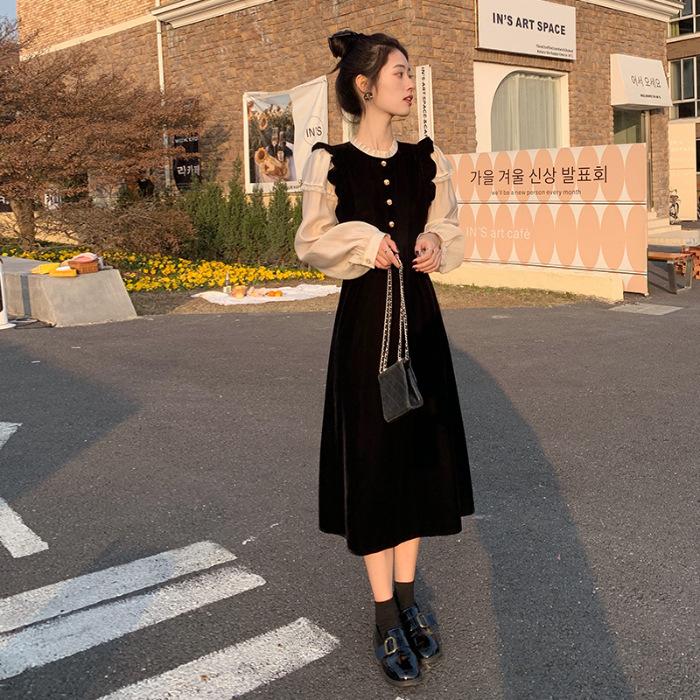 Xiaoxiangfeng Fake Two-piece Velvet Dress for Women's Autumn and Winter New High-end French Temperament Slim Skirt
