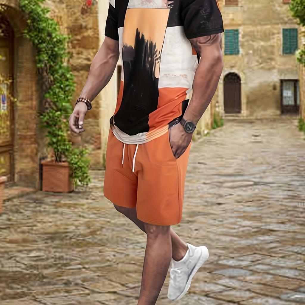 Plus Size Men's Contrast Color Summer Set, Short-sleeve T Shirt Shorts Set For Business, Fashion Casual Men Clothing