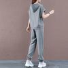 Women's Casual Sports Suit Summer New Solid Color Loose Hooded Short Sleeved Sweater Pants Two Piece Set Plus Size Outfits