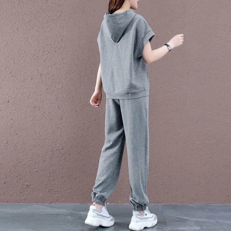 Women's Casual Sports Suit Summer New Solid Color Loose Hooded Short Sleeved Sweater Pants Two Piece Set Plus Size Outfits