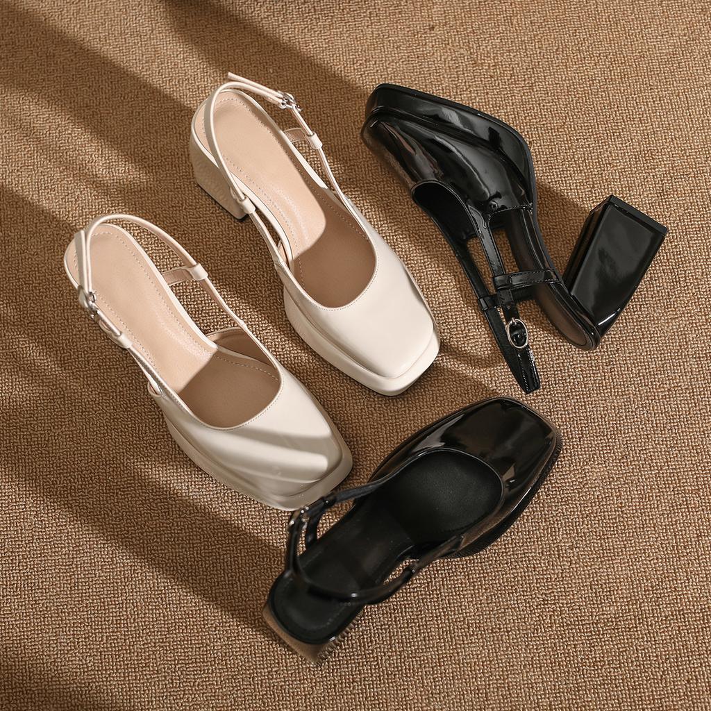 European and American retro square head Mary Jane shoes spring 2025 empty high heels waterproof table patent leather thick heel single shoes women