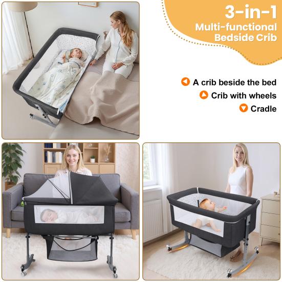 Culla da comodino multifunzione 3 in 1 con cesto portaoggetti, Culla per neonati regolabile in altezza su 6 livelli con zanzariera, Convertibile portatile per neonati