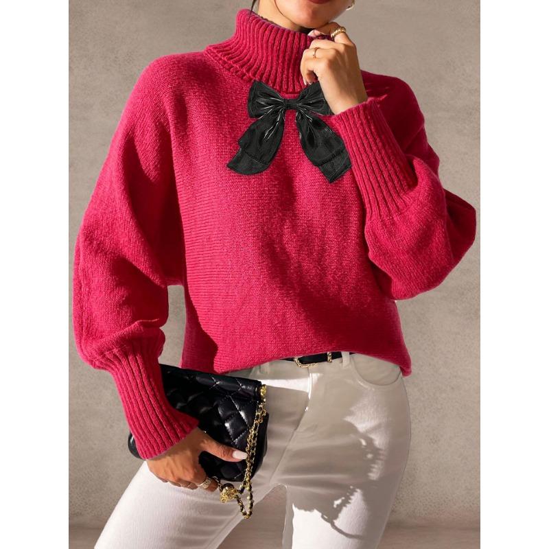 2025 New Autumn and Winter Women's Tops Lace Bow Turtleneck Pullover Sweater